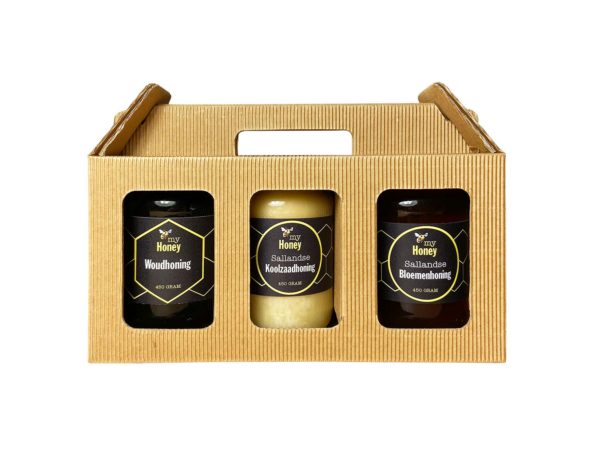 3 potten verschillende Honing van 450 gram in cadeauverpakking