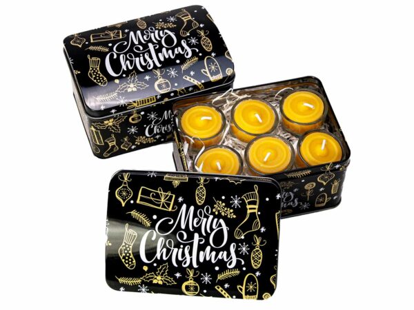 CadeauPakket: 12 waxinekaarsjes met glaasjes in kersttrommel